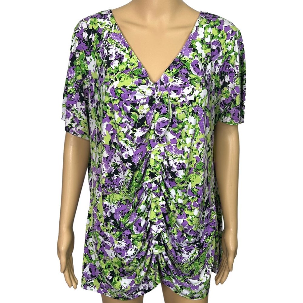 Josephine Studio Womens 2X Purple‎ Green Floral Front Ruffle V-Neck Blouse Shirt